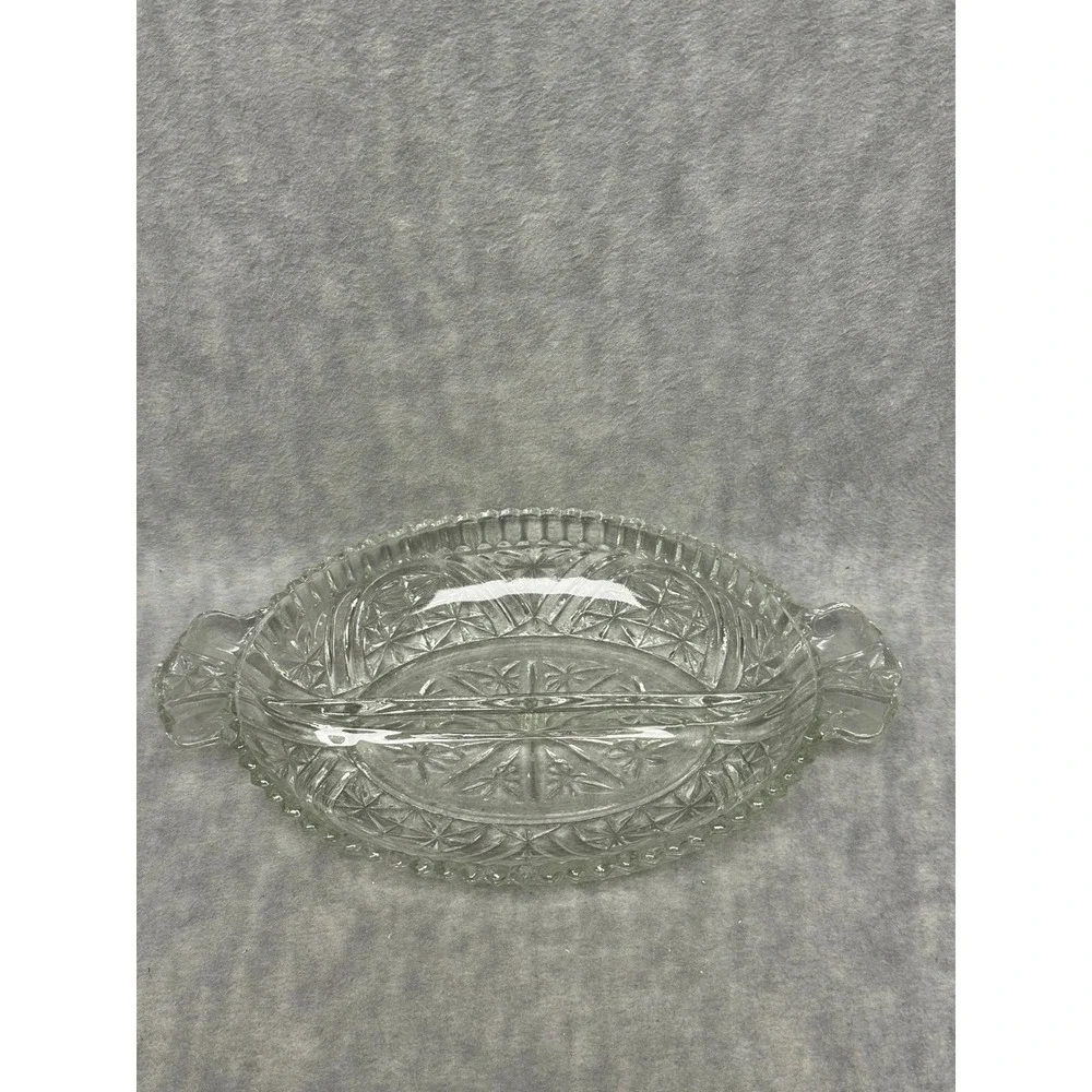 Vintage Relish‎ Dish Clear Divided Starburst Pattern Scalloped Tab Handles